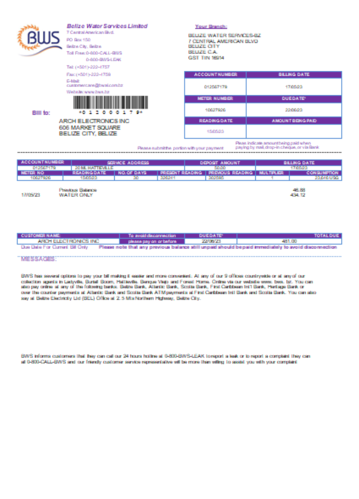 Belize Water Services Limited utility business bill, SCR PSD template